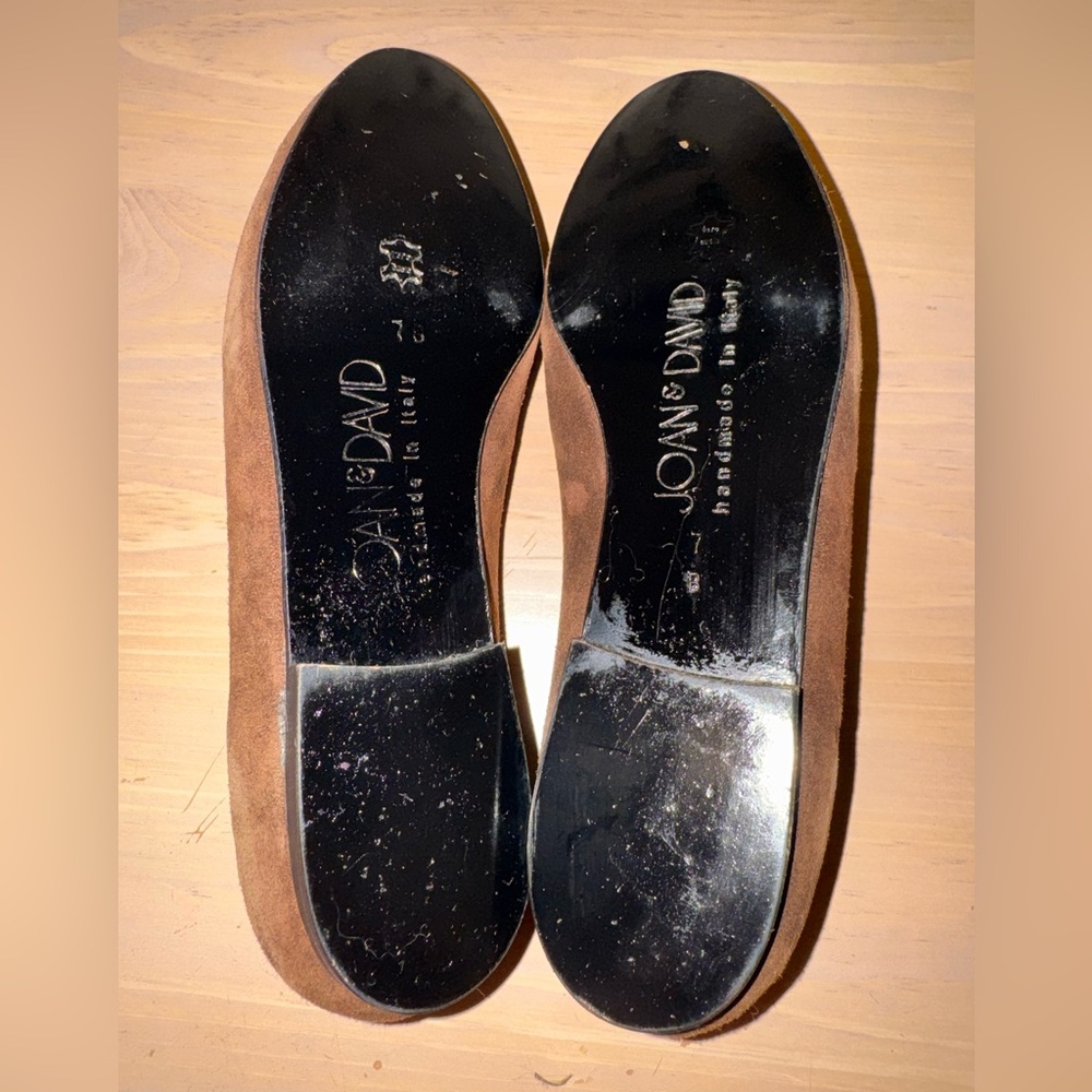 Joan & David Italian Brown Suede Loafers with Gold Detailing - Picture 9 of 10